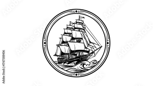 A black and white illustration of a sailing ship encircled by a detailed ornamental border