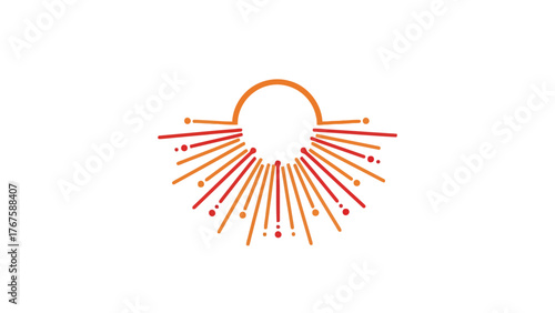 Abstract graphic features a semicircle connected to radiating lines and dots in warm color palette