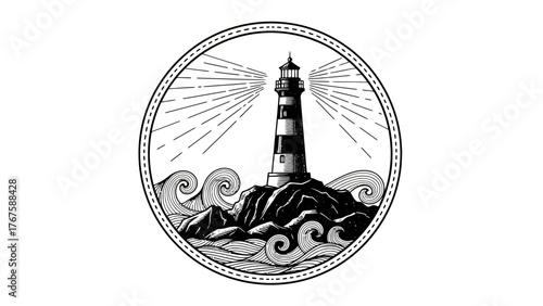 A monochrome illustration features a lighthouse atop a rocky shoreline with waves in a circle