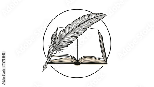 A pen with large feather hovers over an open book, set inside a black circular outline