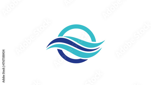 A logo featuring waves passing through a circle in various shades of blue and teal