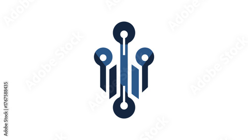 A tech-inspired graphic composed of connected lines and circles in shades of blue on a white background