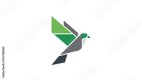 Geometric dove illustration with angular design, incorporating green and grey hues on white background
