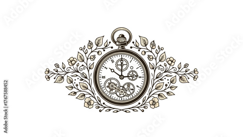 A vintage pocket watch with intricate gears is surrounded by floral and leafy decorative elements