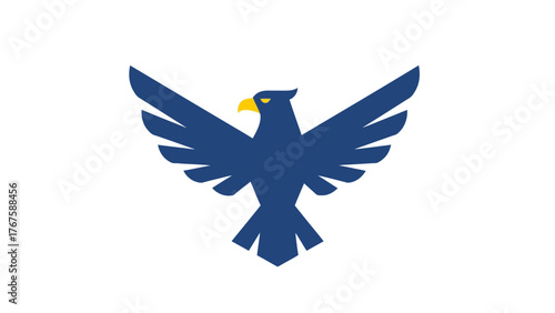 A geometric bird with outstretched wings in blue and yellow against a white backdrop