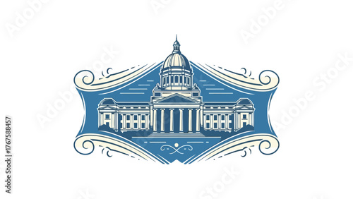 A neoclassical building with a dome, within a blue and cream ornate decorative frame