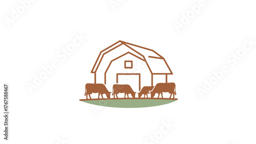 A barn silhouette with grazing cows on a green pasture. Simple brown outlines on a white background