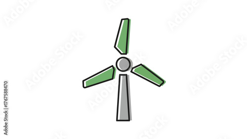 Illustration of a wind turbine, depicted in a simple, flat design with green and gray coloring