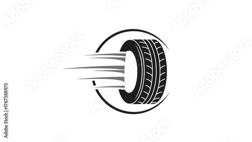 Stylized, grayscale tire illustration inside an oval, with motion lines extending leftward