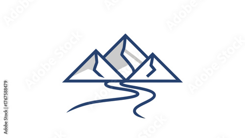 A minimalist illustration of three mountains with a flowing river beneath, all in a blue hue