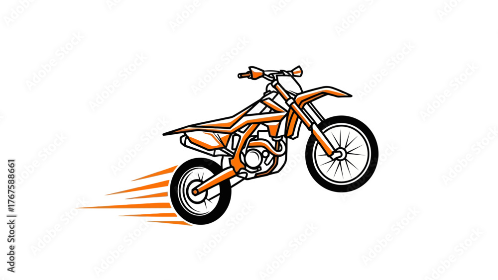 Fototapeta premium Illustration of an orange and black dirt bike speeding, with motion lines against a white background