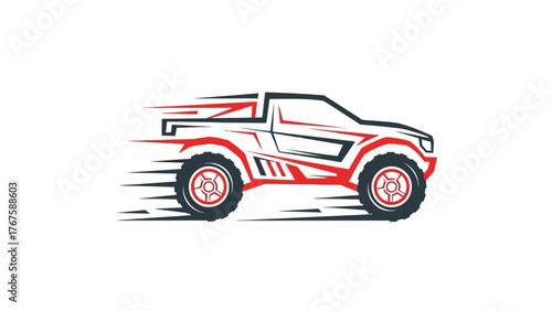 A stylized pickup truck silhouette in motion, featuring red and black color scheme