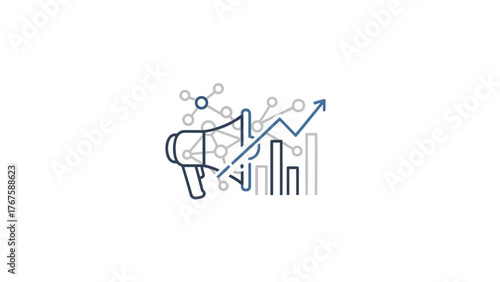 A marketing illustration featuring a megaphone, network connections, charts, and an upward trending arrow