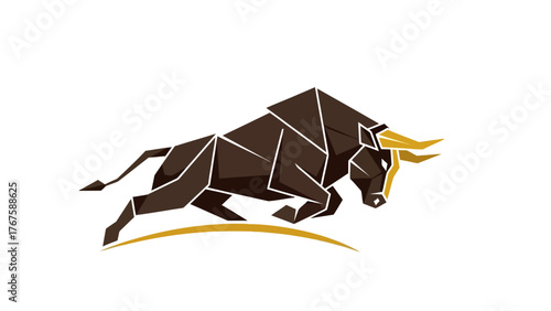 A geometric illustration of a charging bull in shades of brown and gold against a white backdrop
