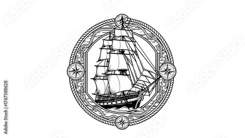 A black and white illustration of a sailing ship inside an ornamental round frame with compasses