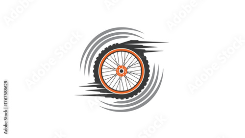 Graphic design illustration depicting a bicycle wheel with motion lines, and a white background