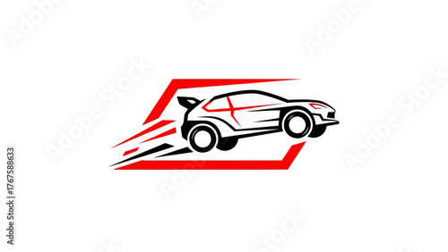 A stylized black and white car with red accents, within a red geometric frame