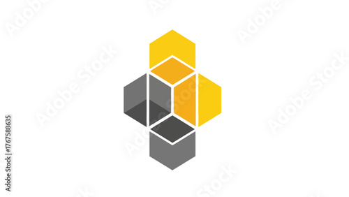 A geometric arrangement of hexagonal shapes, various colors, simple design on a white background