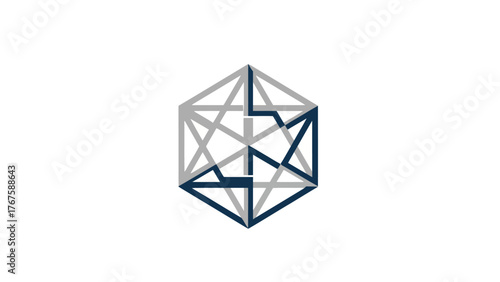 Geometric design featuring a stylized hexagon. The shape is divided into gray and blue sections