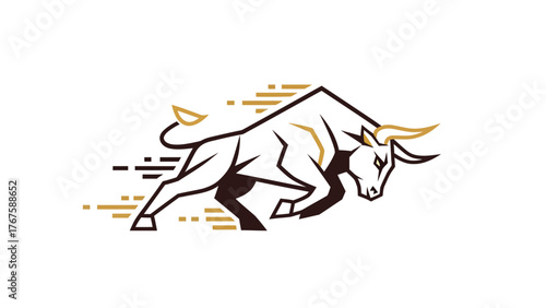 Stylized, geometric bull in motion, rendered in shades of brown, gold, and white