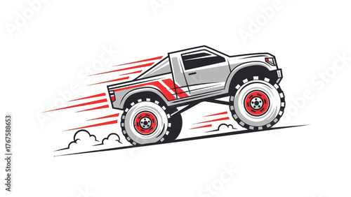 A grayscale monster truck is moving fast with red speed lines and huge offroad tires