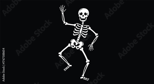 Dancing skeleton silhouette, spooky bone figure, animated skeleton clipart, black background skeleton, festive Halloween pose, eerie motion, human bones illustration
