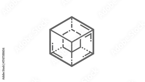 Gray outline of a 3D cube with internal dashed lines. Transparent interior. Simple, minimalist design