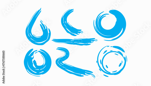 Water splash silhouettes set vector illustration. Blue stamps of ocean or sea wave with splatters and water spray, falling droplets of fountain and circle ripples, ink or paint stain of simple shapes