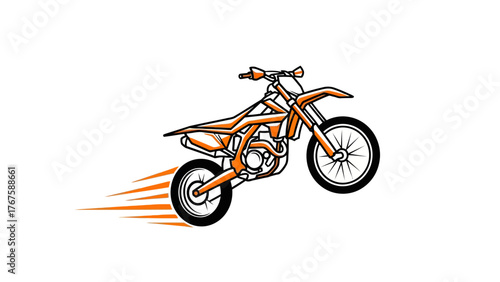 Illustration of an orange and black dirt bike speeding, with motion lines against a white background