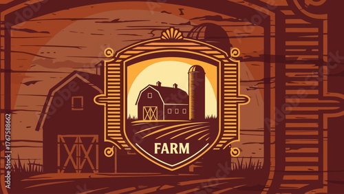 A rustic illustration featuring a farm scene with a barn, silo, and fields in warm earthy tones