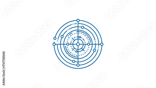 A concentric circle design with lines and dots in blue. The central focus of the image is the round design
