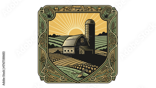 A detailed image depicts a rural landscape with a farmhouse, silo, fields and sun