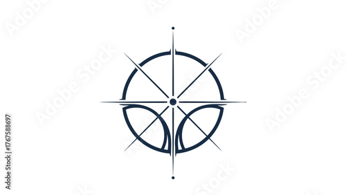 A navy blue, abstract geometric design consisting of arcs and lines on a white background