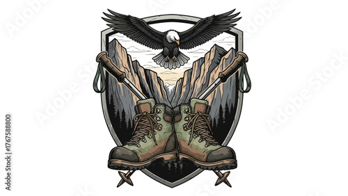 A stylized illustration features an eagle above mountains, hiking boots, and poles within a shield