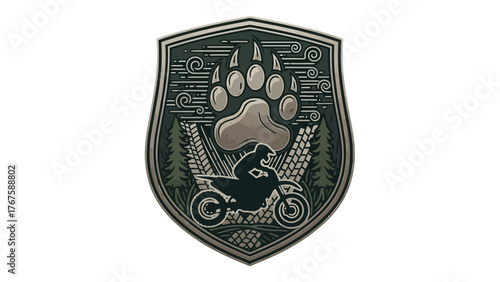 A crest illustration, with a bear paw, motorcyclist, trees, and swirls. The design is geometric
