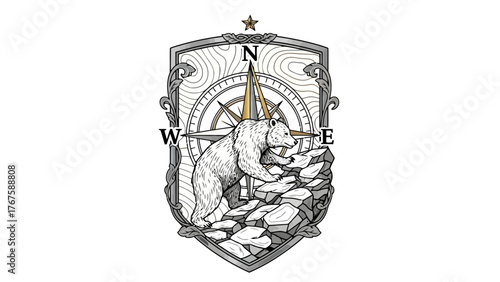 A heraldic emblem featuring a bear, compass, topographic lines, star, and ornate border