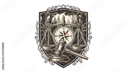 A detailed image with elements of justice, nature, and guidance. It contains a balance, compass, and gavel