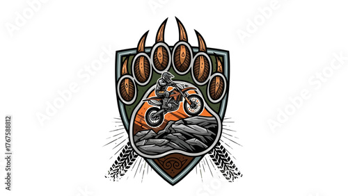 A motorcycle racer rides over a rocky terrain inside a bear paw. Tires prints and rays radiate