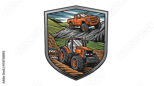 A crest illustration depicting farm equipment a tractor plowing, and a truck on a mountain