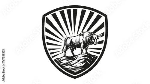 A monochrome illustration of a bull inside a shield with radial lines on a white background