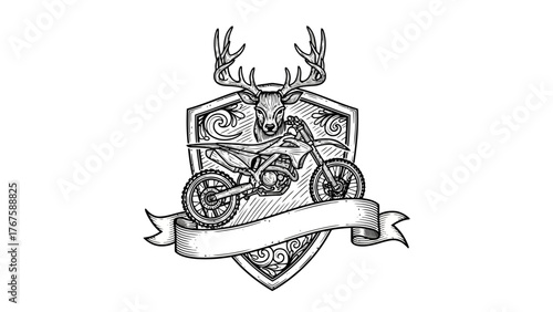 A grayscale emblem featuring a deer head with antlers, a motorcycle, banner, and decorative shield