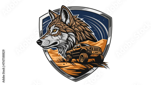 A fierce canine face next to an off-road truck in an emblem featuring a desert night sky scene