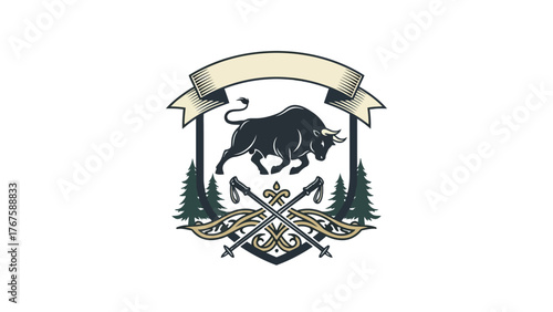 A heraldic emblem featuring a bull within a shield, banner, trees, and crossed ski poles