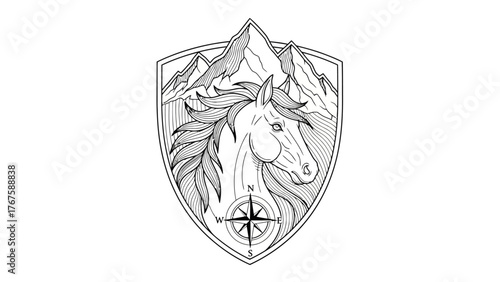 A crest featuring a horse head, mountain range, and compass, all in an outline