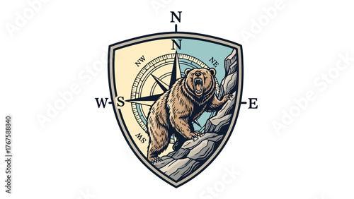 A fierce bear, roaring with a compass rose inside a shield, set against rocks and a white background