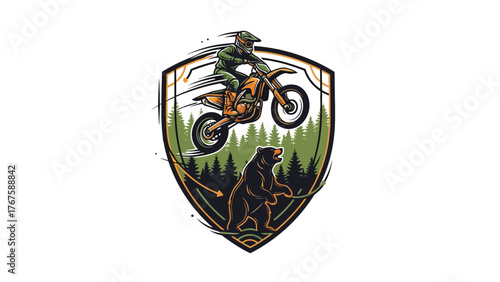 Stylized emblem featuring a dirt bike rider jumping over a forest scene with a bear