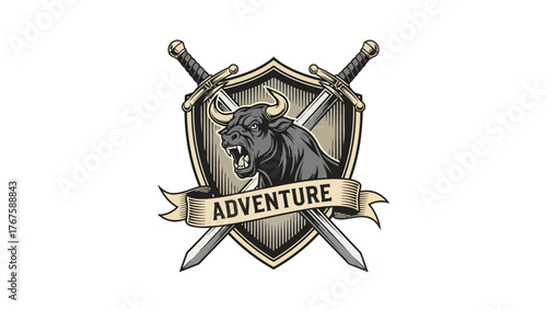 A heraldic image featuring a bull with crossed swords behind a shield, with a banner that says ADVENTURE