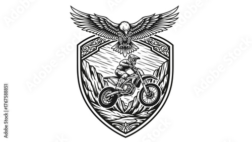 A black and white emblem featuring a motorcycle rider and eagle within a shield
