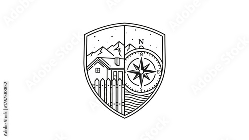 A crest illustration depicting a cabin, mountains, a compass, stars, and wavy lines