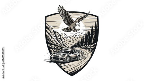 A grayscale illustration of a rally car on a winding mountain road with an eagle overhead